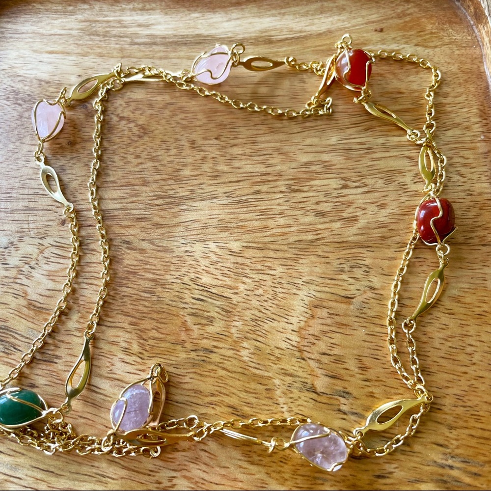 46” gold plated necklace with semi precious stones